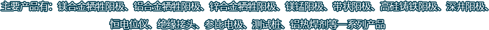 主要產(chǎn)品有：鎂合金犧牲陽(yáng)極、鋁合金犧牲陽(yáng)極、鋅合金犧牲陽(yáng)極、鎂錳陽(yáng)極、帶狀陽(yáng)極、高硅鑄鐵陽(yáng)極、深井陽(yáng)極、恒電位儀、絕緣接頭、參比電極、測(cè)試樁、鋁熱焊劑等一系列產(chǎn)品